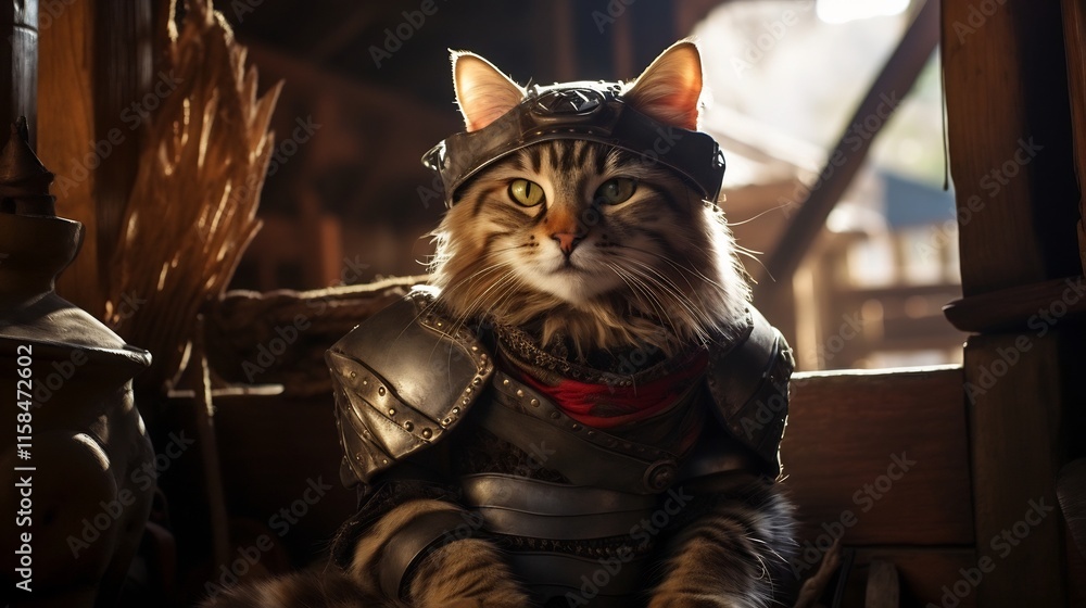 Charming Maine cat in a Viking helmet sitting proudly on a rugged wooden table creating a captivating and whimsical still life scene with a fantasy inspired theme