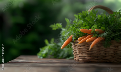 Bountiful harvest of fresh carrots in a rustic basket on wooden surface, Generative AI 