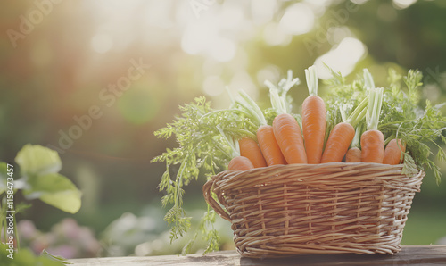 Bountiful harvest of fresh carrots in a rustic basket on wooden surface, Generative AI 