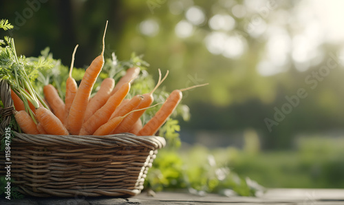 Bountiful harvest of fresh carrots in a rustic basket on wooden surface, Generative AI 