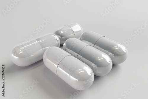 White opaque capsules on a gray background close-up