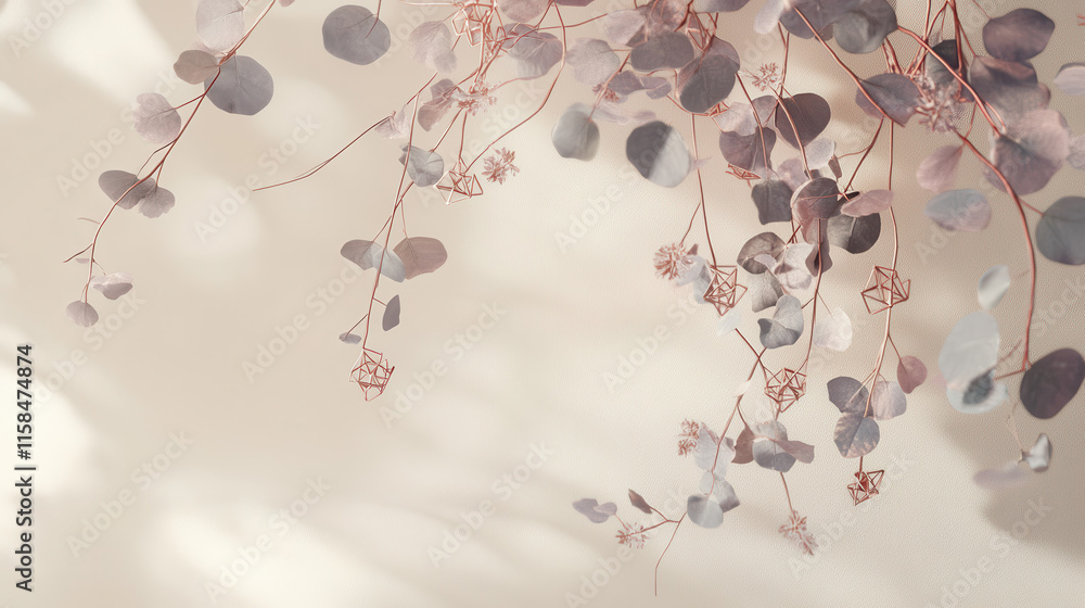 A modern abstract wreath crafted from lavender-toned eucalyptus leaves, adorned with rose gold geometric ornaments and pastel pink accents, set against a light beige background with soft texture. Ethe