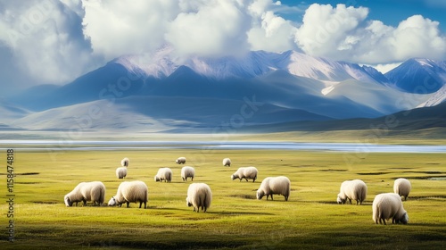 A flock of sheep peacefully grazing in a vast green valley with stunning mountains in the background.