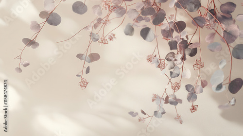 Obraz na płótnie A modern abstract wreath crafted from lavender-toned eucalyptus leaves, adorned with rose gold geometric ornaments and pastel pink accents, set against a light beige background with soft texture. Ethe w salonie