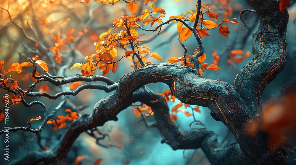 Elder tree abstract background concept. A vibrant close-up of a twisted tree branch adorned with golden autumn leaves. Elder tree abstract background concept. A vibrant close-up of a twisted tree branch adorned with golden autumn leaves.