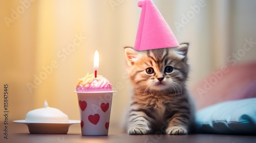 Adorable kitten wearing a birthday hat sitting next to a colorful cupcake with a lit candle creating a cheerful and playful scene for a holiday or