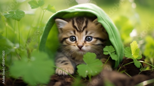 Cute and captivating tabby kitten wearing a whimsical frog themed hat surrounded by a lush verdant display of vibrant green leaves and soft plush grass photo