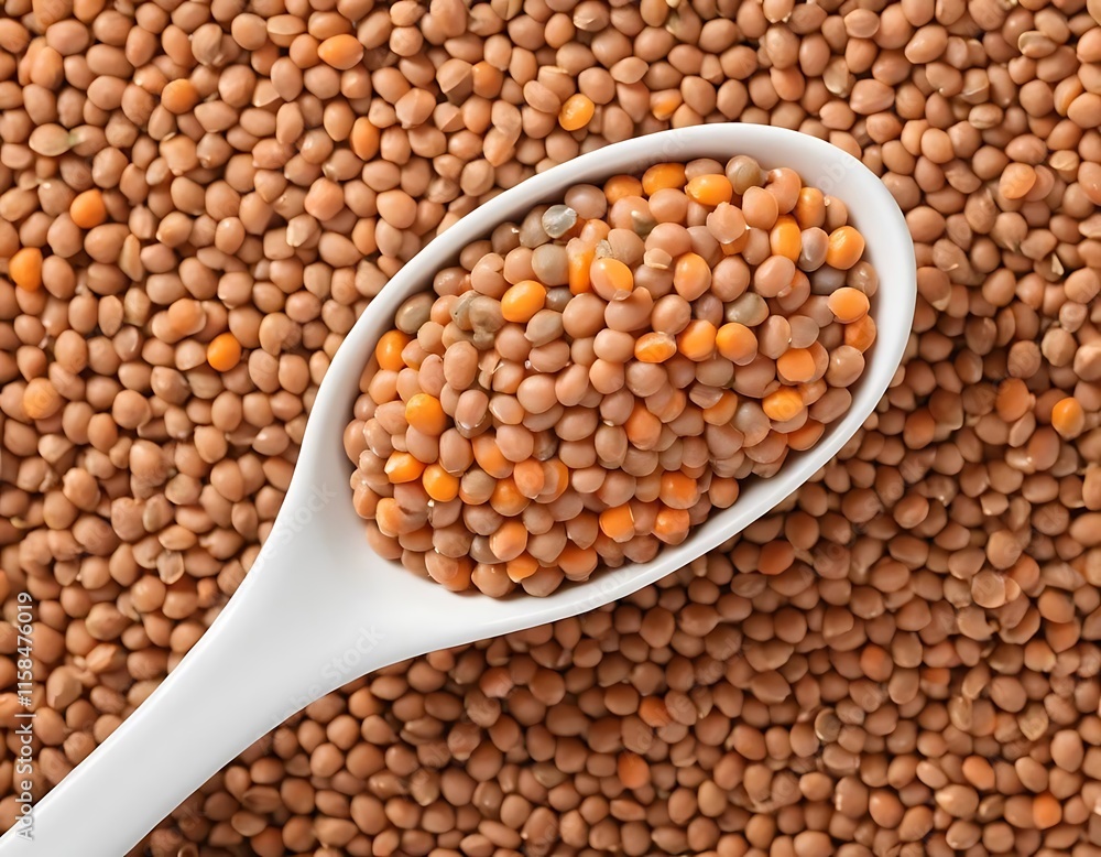 White spoon filled with brown and orange mustard seeds White spoon filled with brown and orange mustard seeds