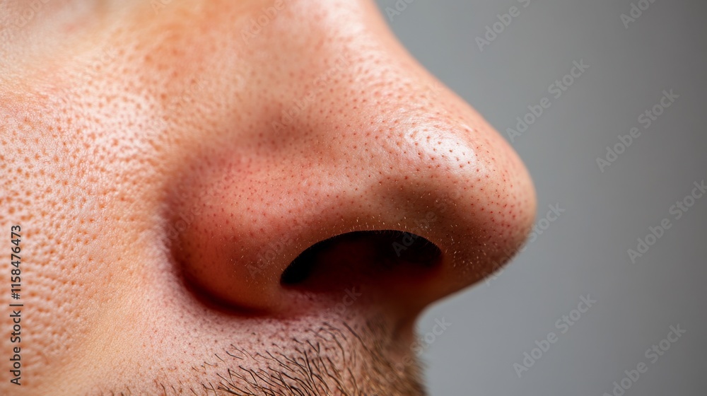 Fototapeta premium Close up of red irritated nose, emphasizing the discomfort and struggle of allergies or cold symptoms, highlighting the human vulnerability and resilience in the face of common ailments.
