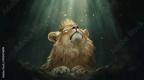 Majestic Lion in Mystical Forest Light: Digital Painting AI Generated photo