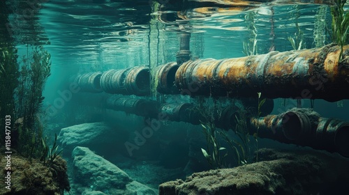 Wallpaper Mural An underwater scene showing corroded pipes submerged in water, surrounded by sediment and aquatic plants, reflecting industrial decay Torontodigital.ca