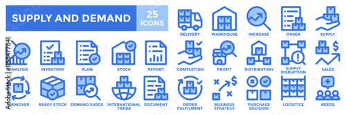 Supply and demand icon collection set.Containing supply, demand, distribution, stock, delivery, warehouse and order icon.Simple blue vector illustration.