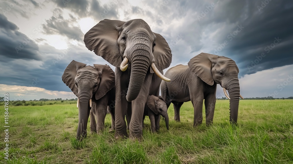 Fototapeta premium A close-up of an elephant herd in the savanna under a dramatic cloudy sky.