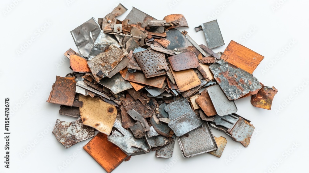 Different scrap metal pieces in small heaps, with visible textures, arranged on a bright white surface, perfect for industrial or design-focused content Different scrap metal pieces in small heaps, with visible textures, arranged on a bright white surface, perfect for industrial or design-focused content
