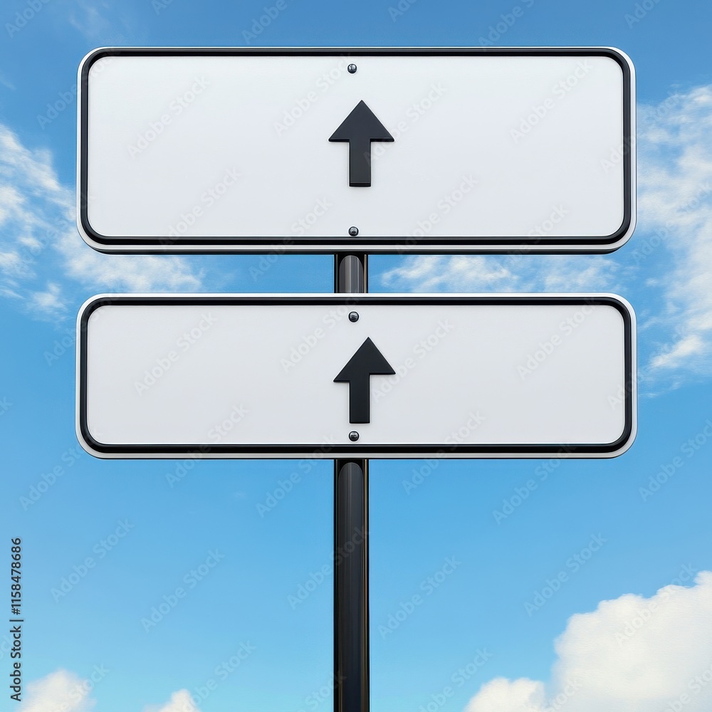 Two blank directional signs on a pole against a clear blue sky. Two blank directional signs on a pole against a clear blue sky.