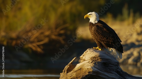 Bald eagle perched on driftwood by a riverbank during golden hour with intense focus. photo