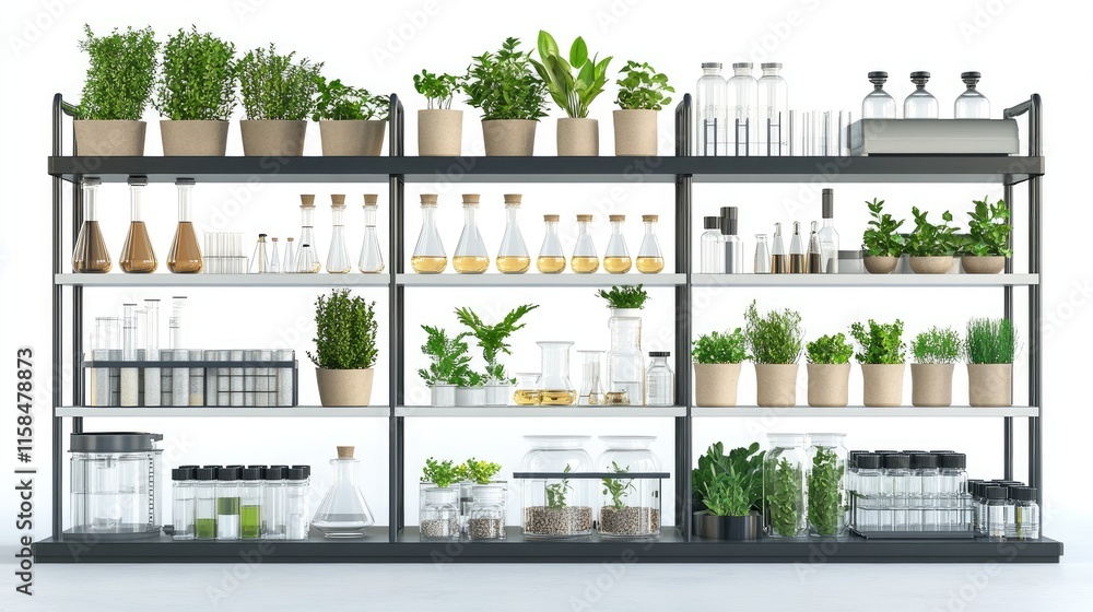 Eco-friendly laboratory setup with glass beakers, plants, and sustainable materials, highlighting green chemistry practices, isolated on white for a clean, modern look Eco-friendly laboratory setup with glass beakers, plants, and sustainable materials, highlighting green chemistry practices, isolated on white for a clean, modern look