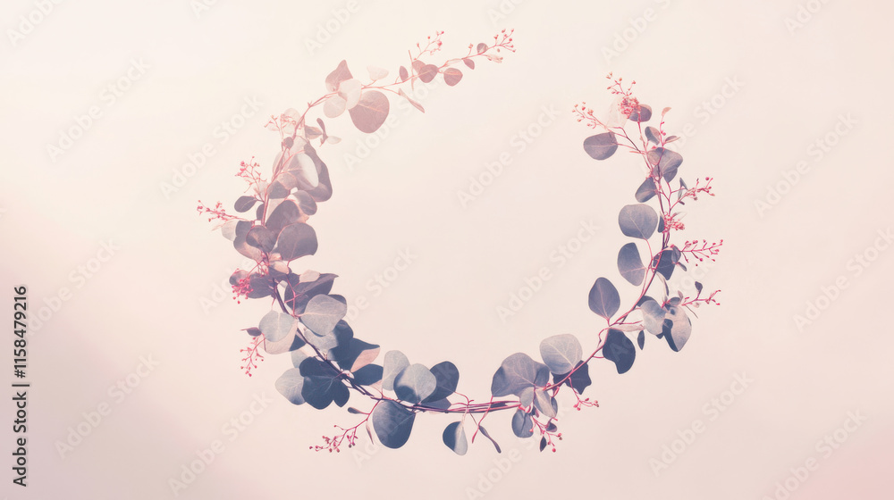 A modern abstract wreath crafted from lavender-toned eucalyptus leaves, adorned with rose gold geometric ornaments and pastel pink accents, set against a light beige background with soft texture. Ethe A modern abstract wreath crafted from lavender-toned eucalyptus leaves, adorned with rose gold geometric ornaments and pastel pink accents, set against a light beige background with soft texture. Ethe