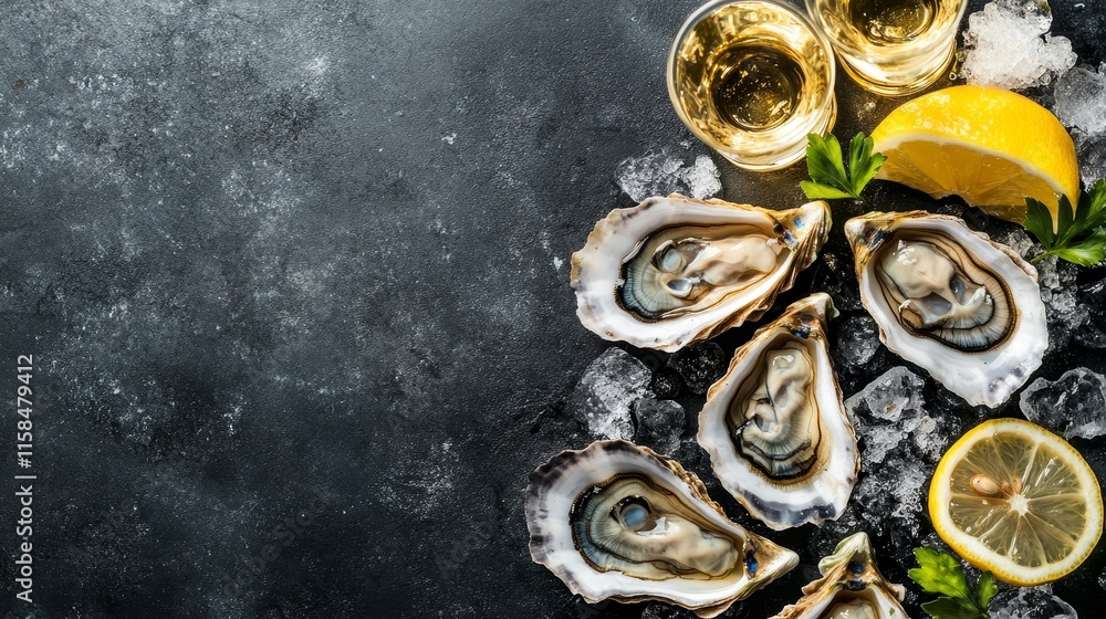 Oysters served with wine, lemon, and ice create a delightful oyster dish. Enjoy an oyster dinner paired with champagne, perfect for restaurant menus or recipe banners. Top view image ideal for text Oysters served with wine, lemon, and ice create a delightful oyster dish. Enjoy an oyster dinner paired with champagne, perfect for restaurant menus or recipe banners. Top view image ideal for text