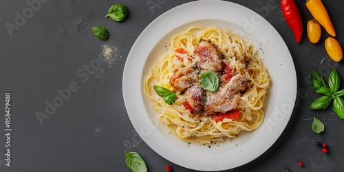 A captivating top view showcases latte art featuring a human face, surrounded by a delicious plate of pasta. The pasta is topped with chicken thighs, sweet peppers, P. eryngii, cheese powder, and photo