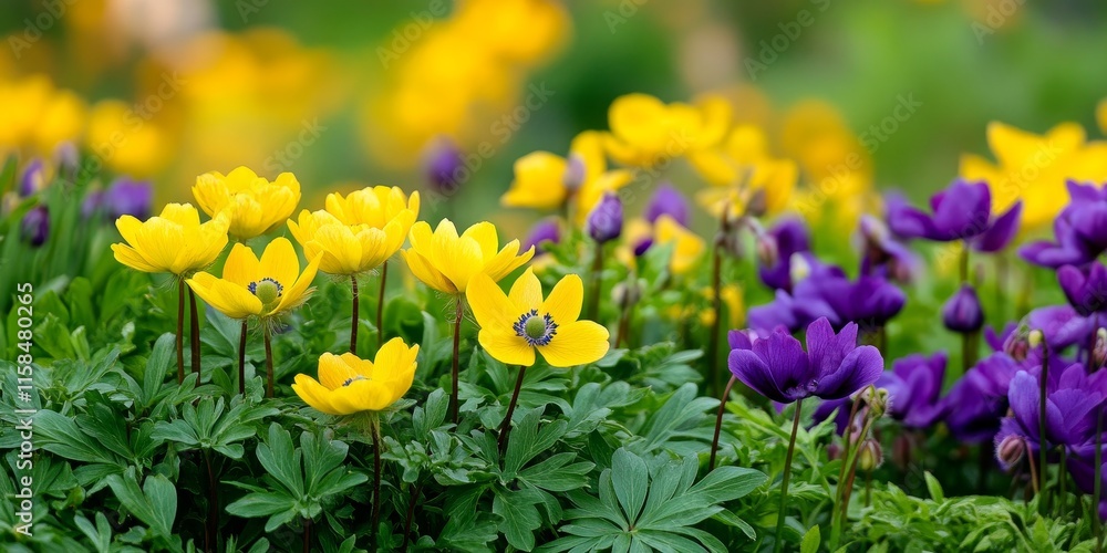 Yellow flowering plants, including anemones and common vetch, create a vibrant display in spring. This image showcases the beauty of anemonoides ranunculoides and vicia sativa. Yellow flowering plants, including anemones and common vetch, create a vibrant display in spring. This image showcases the beauty of anemonoides ranunculoides and vicia sativa.