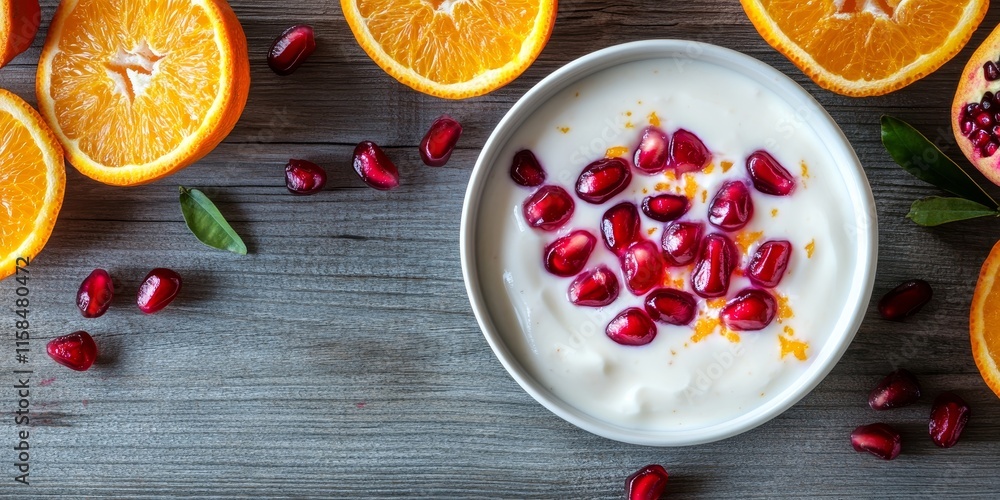 Fresh homemade yogurt featuring vibrant red oranges and pomegranate sits atop an aged grey wooden table, creating a delightful and healthy treat that showcases the goodness of yogurt. Fresh homemade yogurt featuring vibrant red oranges and pomegranate sits atop an aged grey wooden table, creating a delightful and healthy treat that showcases the goodness of yogurt.