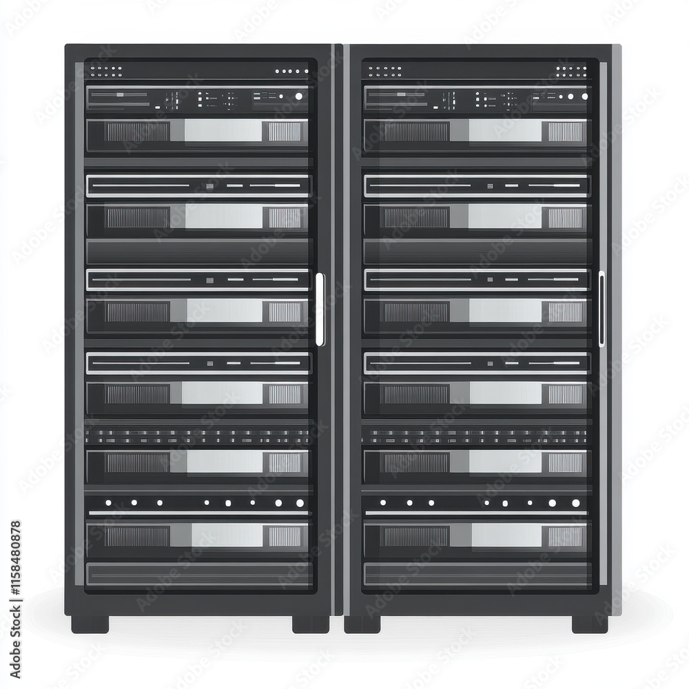Obraz premium Two black data server racks displaying multiple server units in a modern, high-tech design.