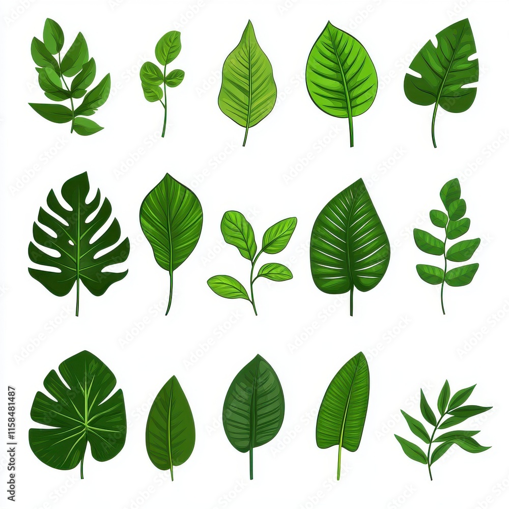 A beautiful collection of various green leaves, showcasing diverse shapes and sizes in vibrant hues of green. A beautiful collection of various green leaves, showcasing diverse shapes and sizes in vibrant hues of green.