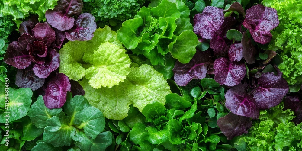 Vibrant green and purple salad varieties thrive in a hydroponic system, showcasing fresh greens and a unique color contrast in innovative gardening methods. Hydroponic salad offers a sustainable