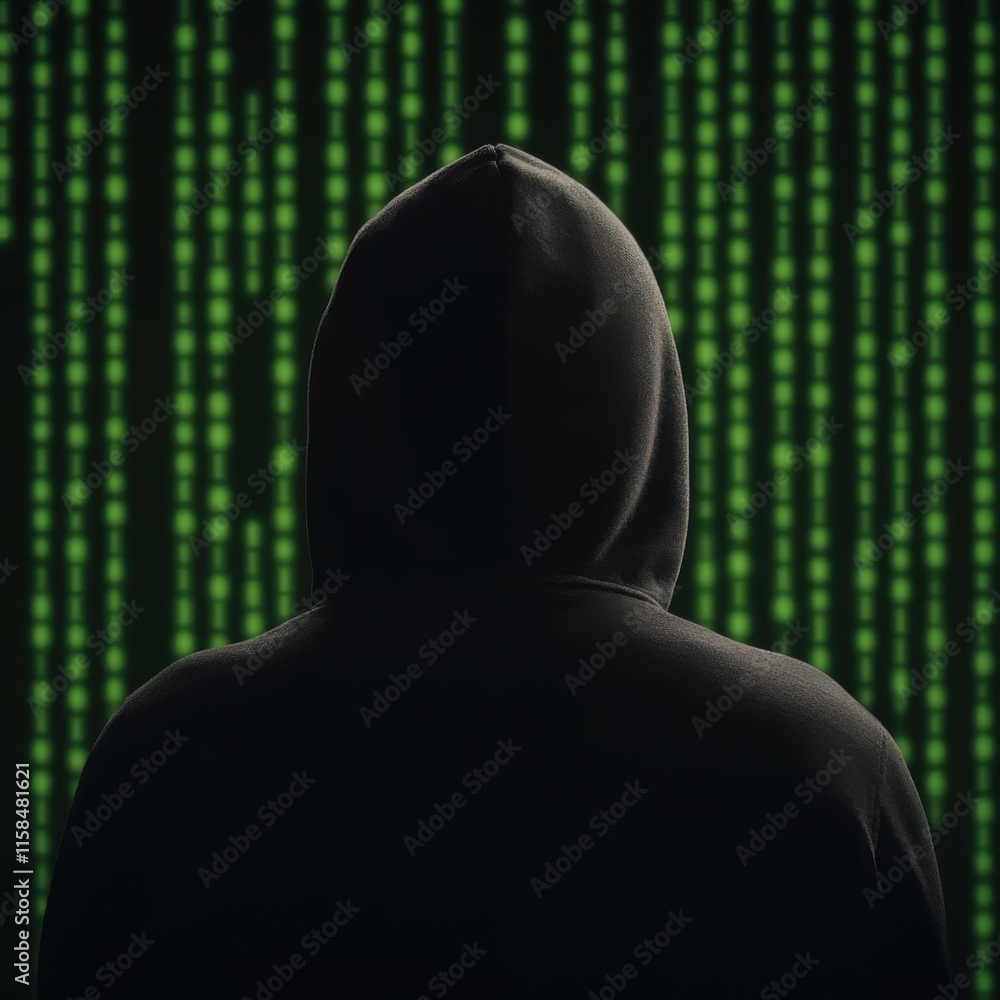 Mysterious hooded figure against a backdrop of digital code, symbolizing cybersecurity and hacking concepts. Mysterious hooded figure against a backdrop of digital code, symbolizing cybersecurity and hacking concepts.