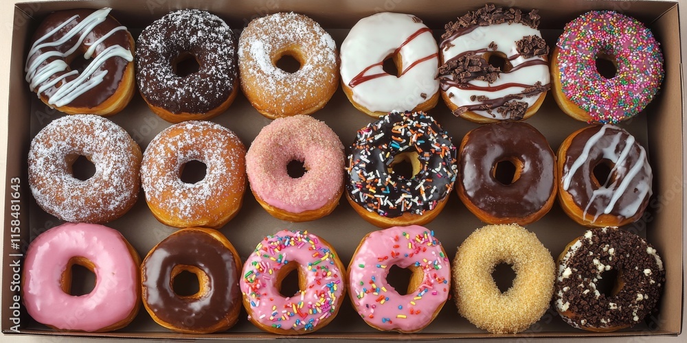 Variety of donuts featuring an assortment of unique flavors presented in a box. This delightful assortment of donuts showcases a range of tempting flavors for every palate. Variety of donuts featuring an assortment of unique flavors presented in a box. This delightful assortment of donuts showcases a range of tempting flavors for every palate.
