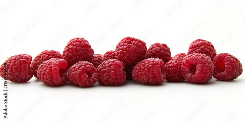 Fresh ripe raspberries are displayed on a white background, showcasing their vibrant color. These ripe raspberries are perfect for making delicious jam and enjoying their sweet flavor.