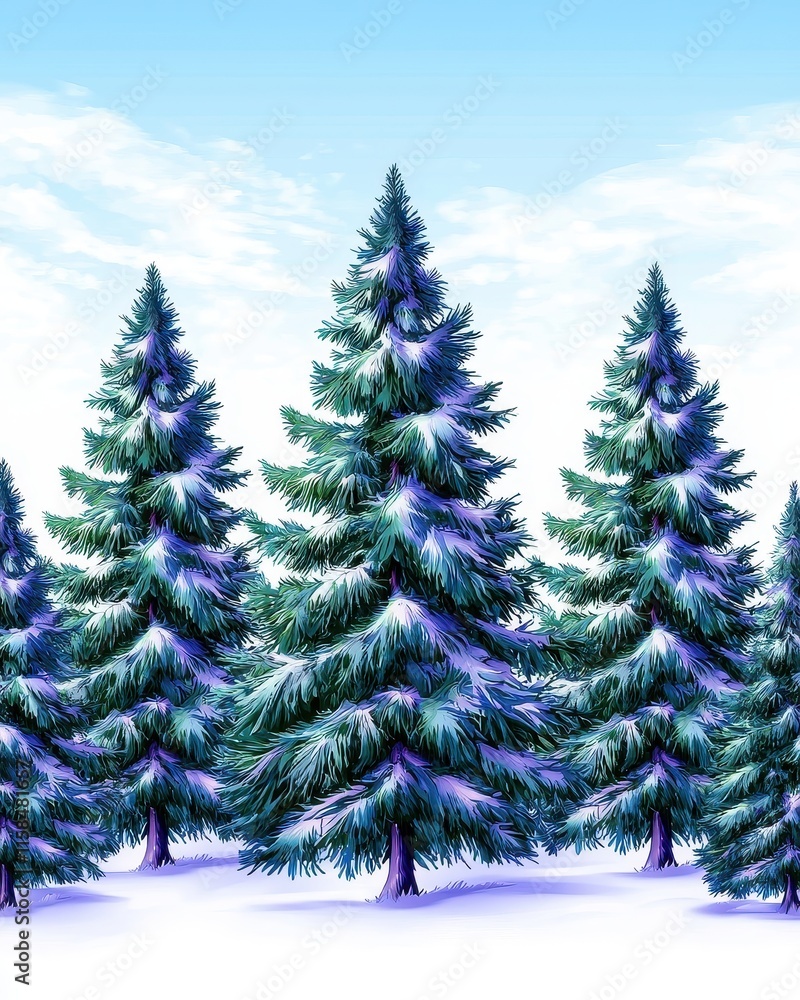 Obraz premium Snow-Covered Evergreen Trees in Winter Wonderland Landscape