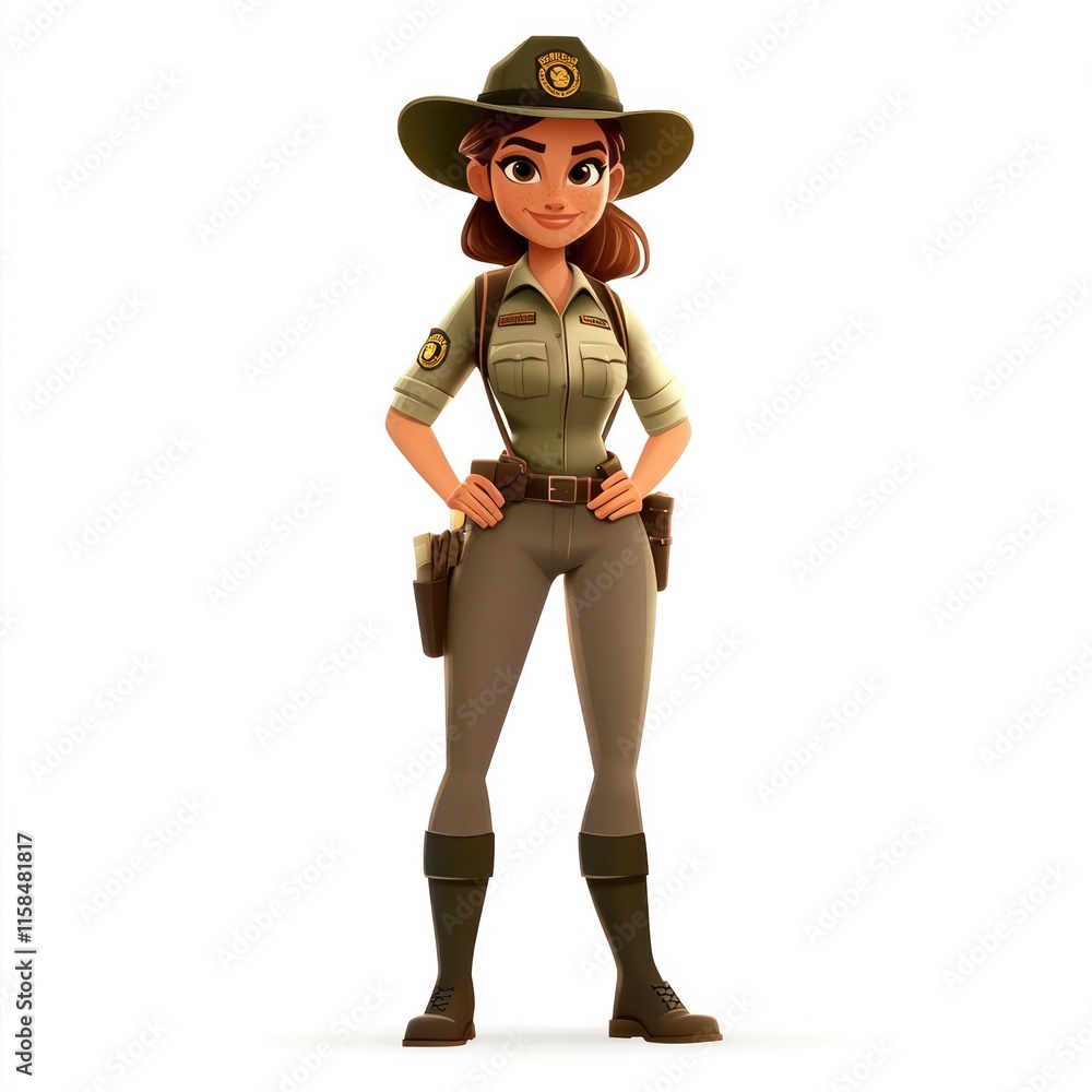 A forest ranger woman with a uniform and a hat. vector style art 3d illustration Isolated on White Background A forest ranger woman with a uniform and a hat. vector style art 3d illustration Isolated on White Background