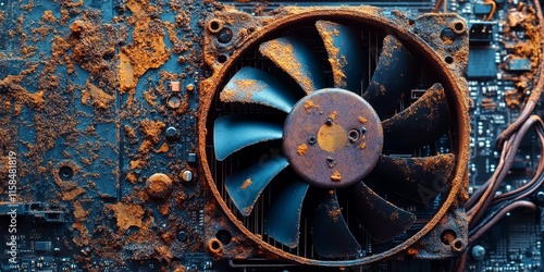 Damaged and dirty heat sync fan for computer systems, illustrating the importance of maintaining a clean and functional heat sync fan to ensure optimal performance in computing devices. photo