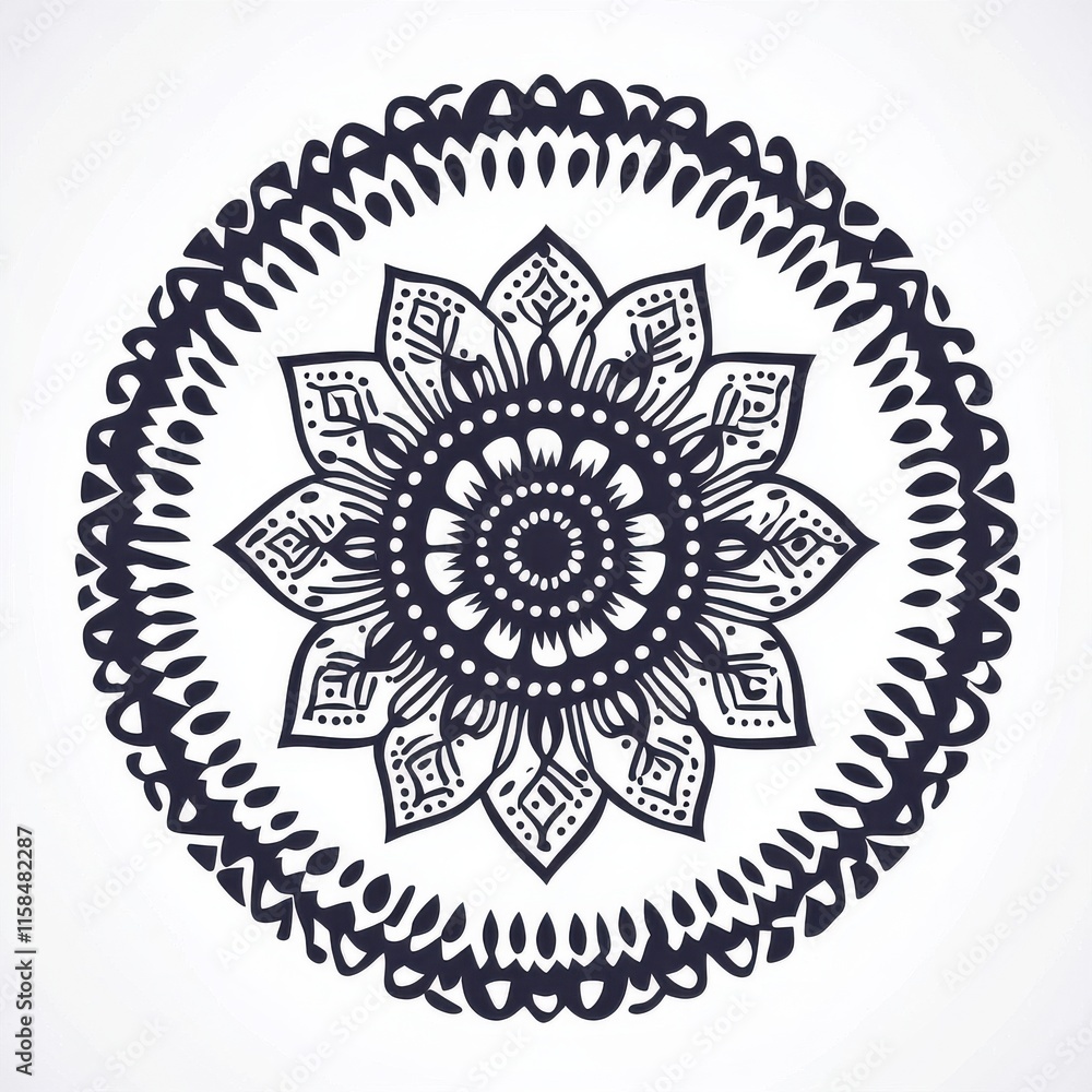 Intricate black mandala design featuring floral patterns on a subtle white background.