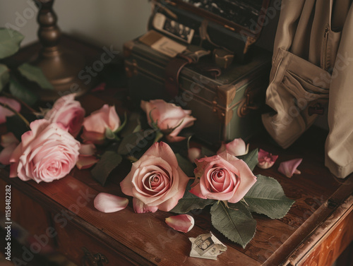 Military Memorabilia Surrounded by Roses on Wooden Table