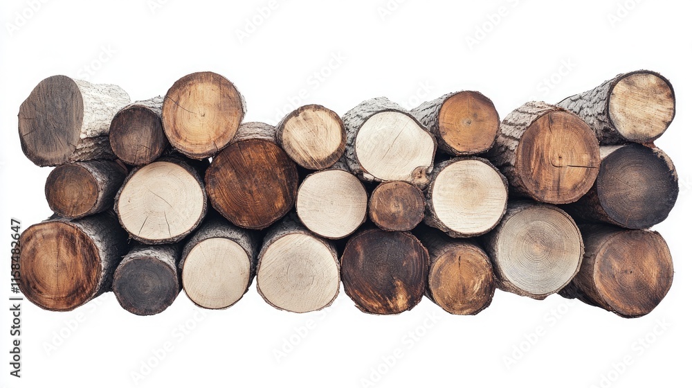 Rustic firewood logs, stacked in a natural, textured arrangement, isolated on a pure white background, emphasizing their earthy tones and shapes Rustic firewood logs, stacked in a natural, textured arrangement, isolated on a pure white background, emphasizing their earthy tones and shapes