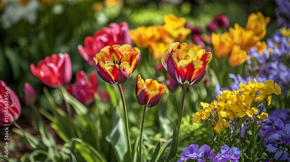 Vibrant spring flowers bloom in the garden, showcasing a beautiful array of colors and patterns. These spring flowers enhance the garden s charm and invite admiration from all who see them. Vibrant spring flowers bloom in the garden, showcasing a beautiful array of colors and patterns. These spring flowers enhance the garden s charm and invite admiration from all who see them.