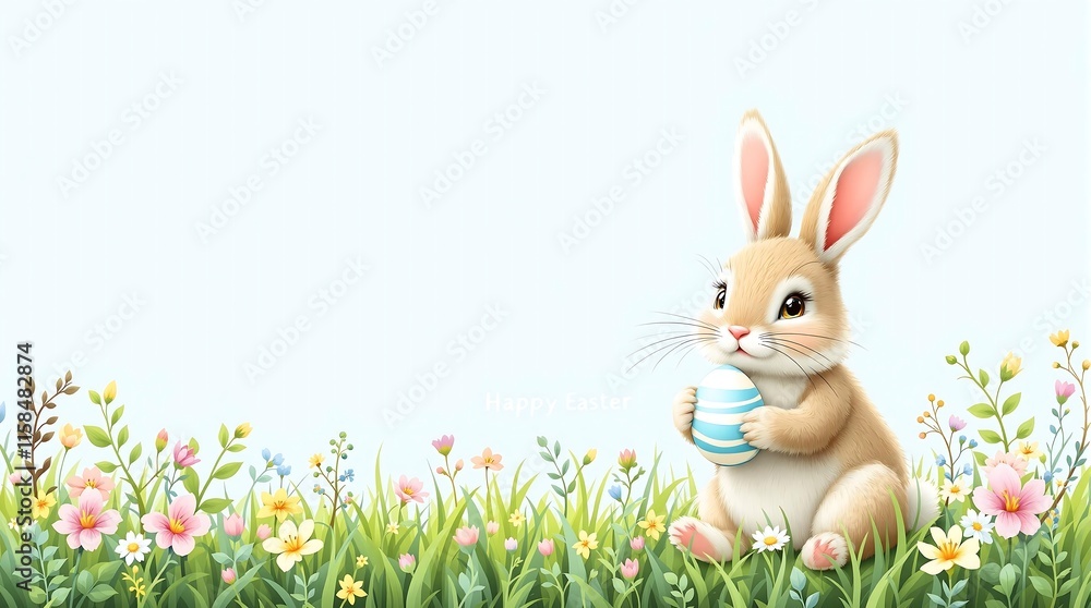 Fototapeta premium A cute bunny holding a striped Easter egg sits among colorful flowers with the text 