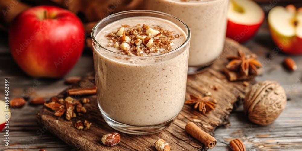 Delicious and Healthy smoothie featuring Apple Pie flavors complemented by nuts and warm autumn spices, perfect as a seasonal autumn drink to enjoy during the cozy months. Delicious and Healthy smoothie featuring Apple Pie flavors complemented by nuts and warm autumn spices, perfect as a seasonal autumn drink to enjoy during the cozy months.