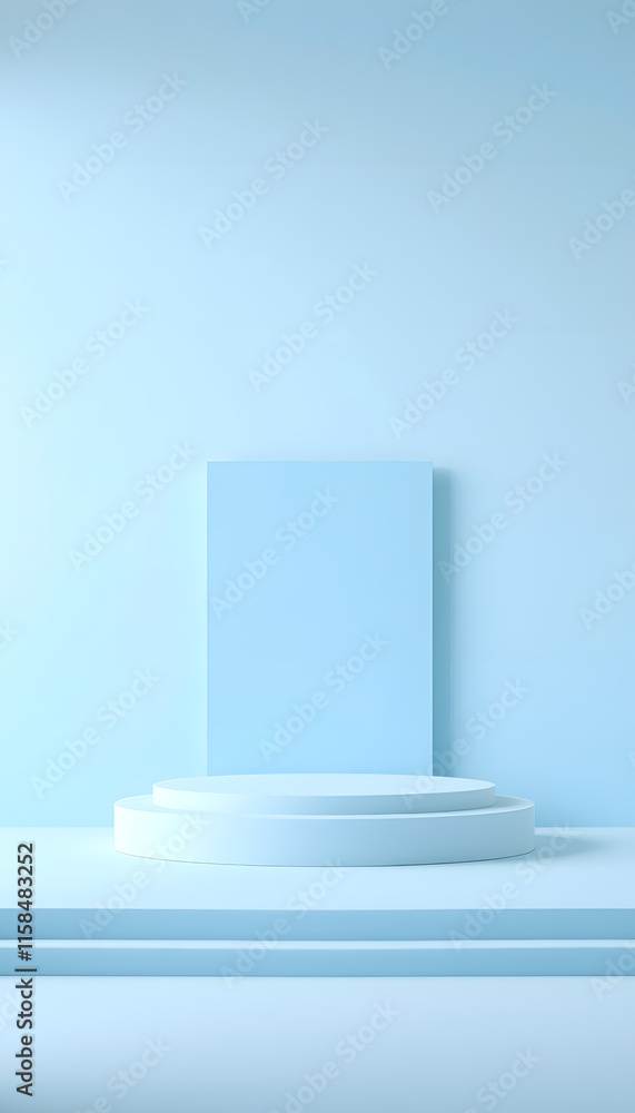 Fototapeta premium light blue podium stage, minimal abstract background, collage style, with white tones