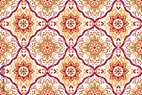 Traditional Batik Design from Indonesia Pro Vector, A seamless pattern of red and yellow flowers, Portuguese azulejo tiles, fabric, seamless, pattern, traditional clothing 
