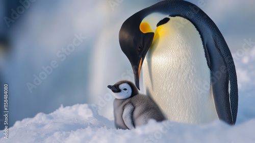 Emperor penguin aptenodytes forsteri caring for its chick, showcasing the nurturing behavior of the Emperor penguin in their natural environment, highlighting the bond between the Emperor penguin and