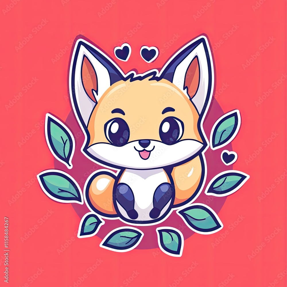 Cute Cartoon Fox Character Surrounded by Leaves and Hearts Cute Cartoon Fox Character Surrounded by Leaves and Hearts