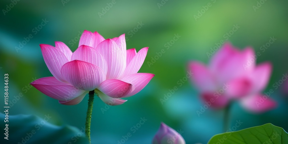 Obraz premium Blooming lotus flower displayed against a serene green background, showcasing the beauty of the blooming lotus flower in its natural environment. Explore the elegance of the blooming lotus flower.