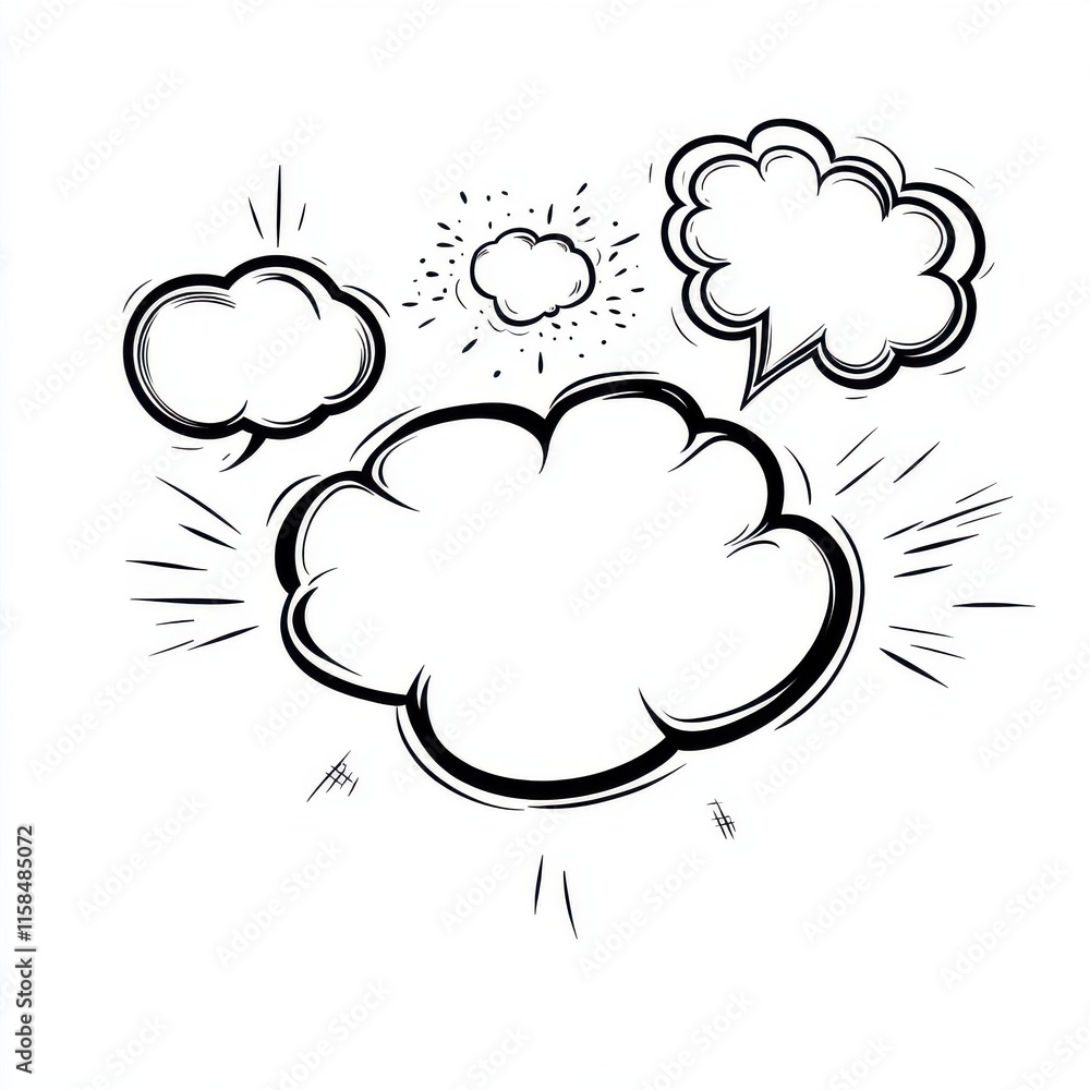 Illustration of various speech and thought bubbles in black and white. Illustration of various speech and thought bubbles in black and white.
