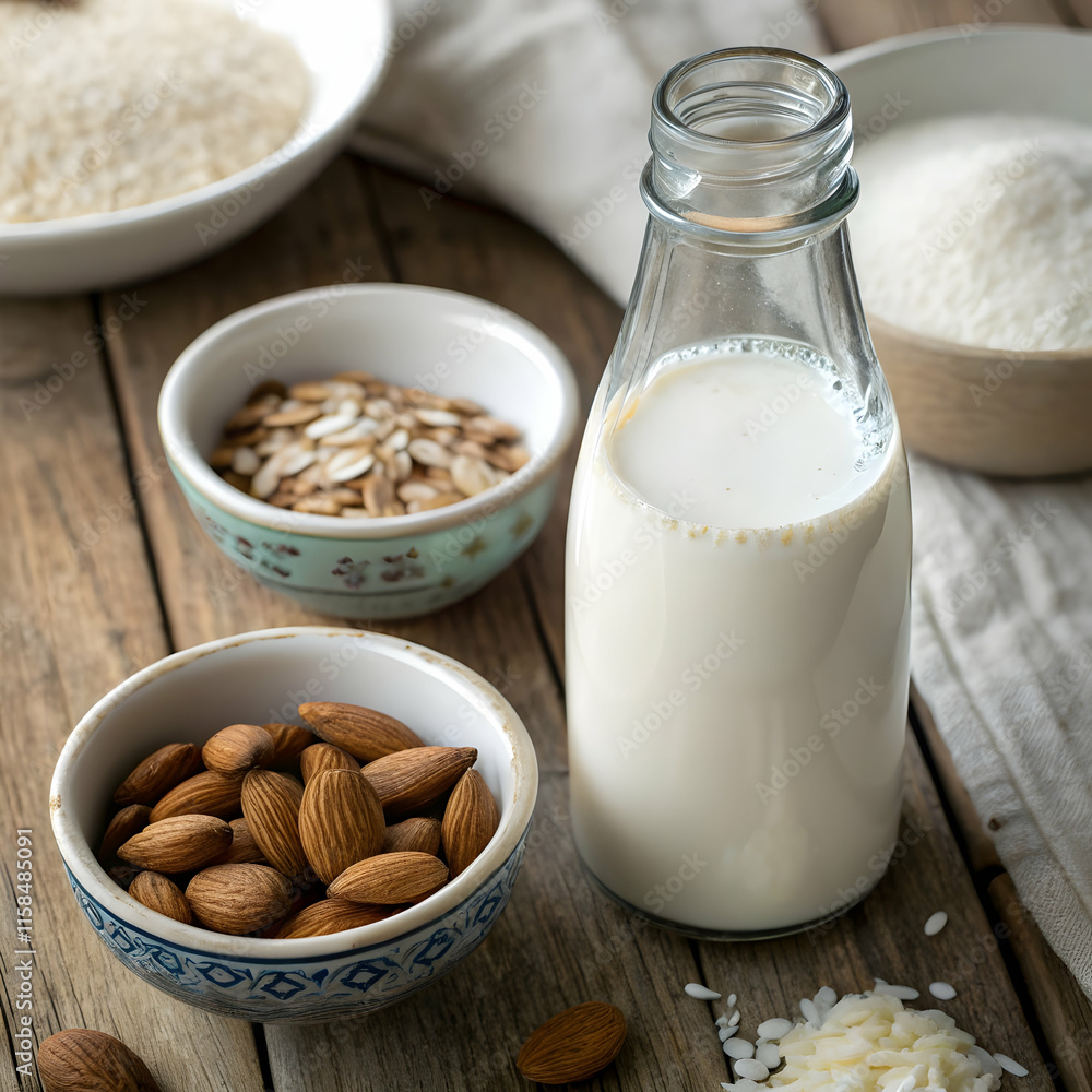 creamy almond milk in a glass bottle alongside bowl creamy almond milk in a glass bottle alongside bowl
