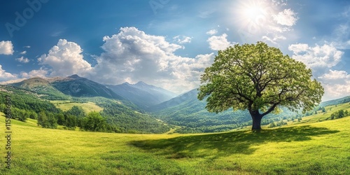 Wallpaper Mural Panoramic view of beautiful countryside featuring a sunny sky and clouds. This countryside scene showcases a tree on a green field, surrounded by mountains, offering fresh air and tranquility. Torontodigital.ca