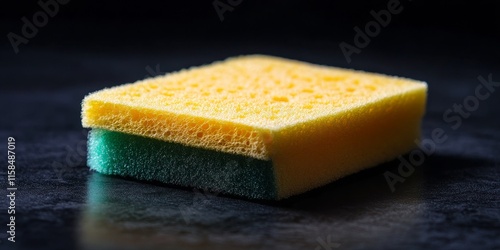 Yellow scrubbing sponge equipped with a green scouring pad, designed for effective cleaning and scrubbing tasks, maximizing cleaning power with its dual functionality. photo